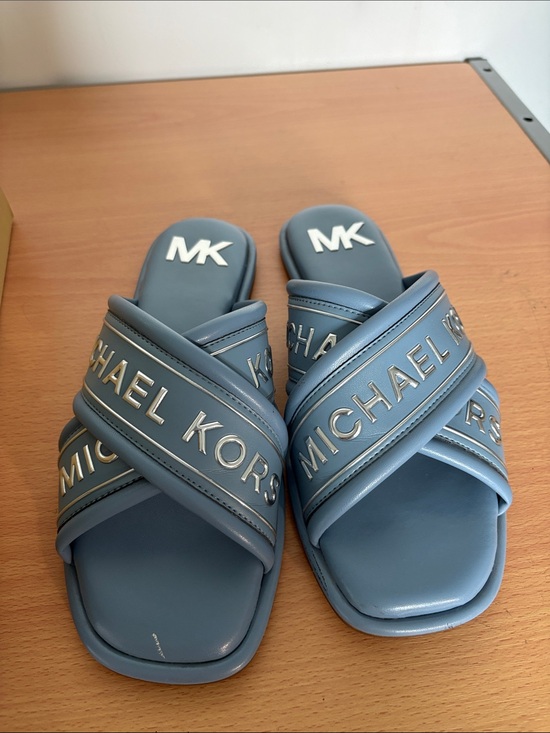 Michael Kors Shoes - Michael Kors Dusty Blue Crisscross MK Logo Slides